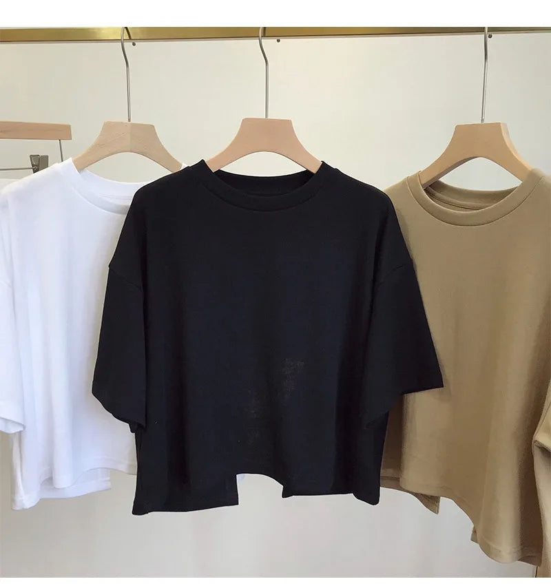Summer Vintage Women's Short Sleeve Tee Korean Casual Backless Oversize T-Shirt Round Neck Short-Sleeved Crop Tops Y2k Brown Top