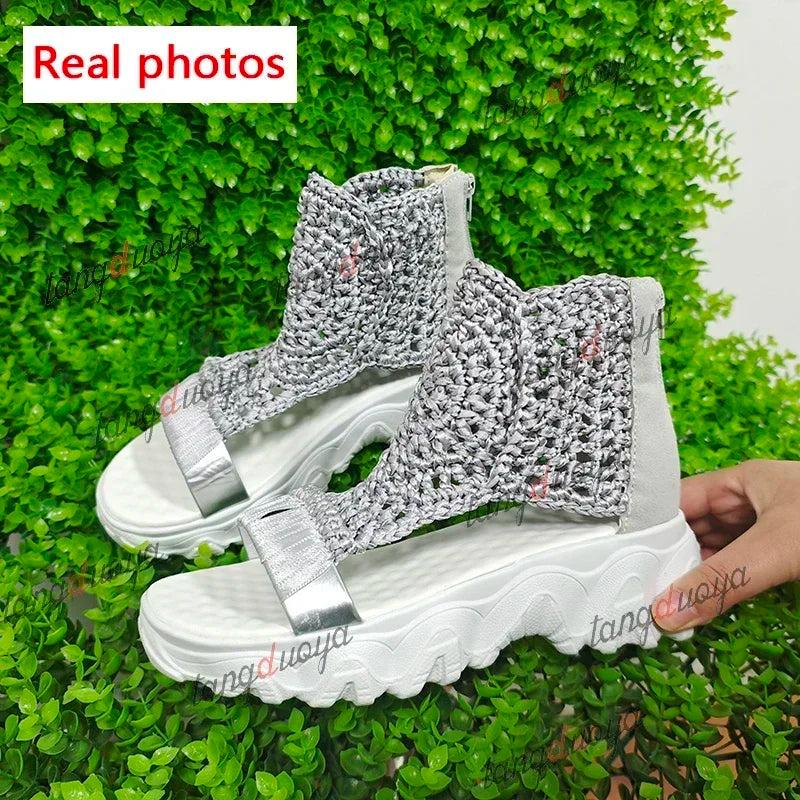 Hot Seller Gold Knitted Sandals for Women Braided Elastic Summer Shoe Mesh Flat Bottom Hollow Out Female Sandals Sandalias Mujer