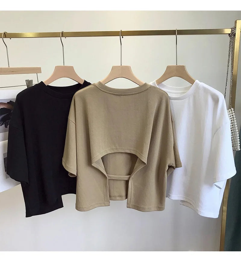 Summer Vintage Women's Short Sleeve Tee Korean Casual Backless Oversize T-Shirt Round Neck Short-Sleeved Crop Tops Y2k Brown Top