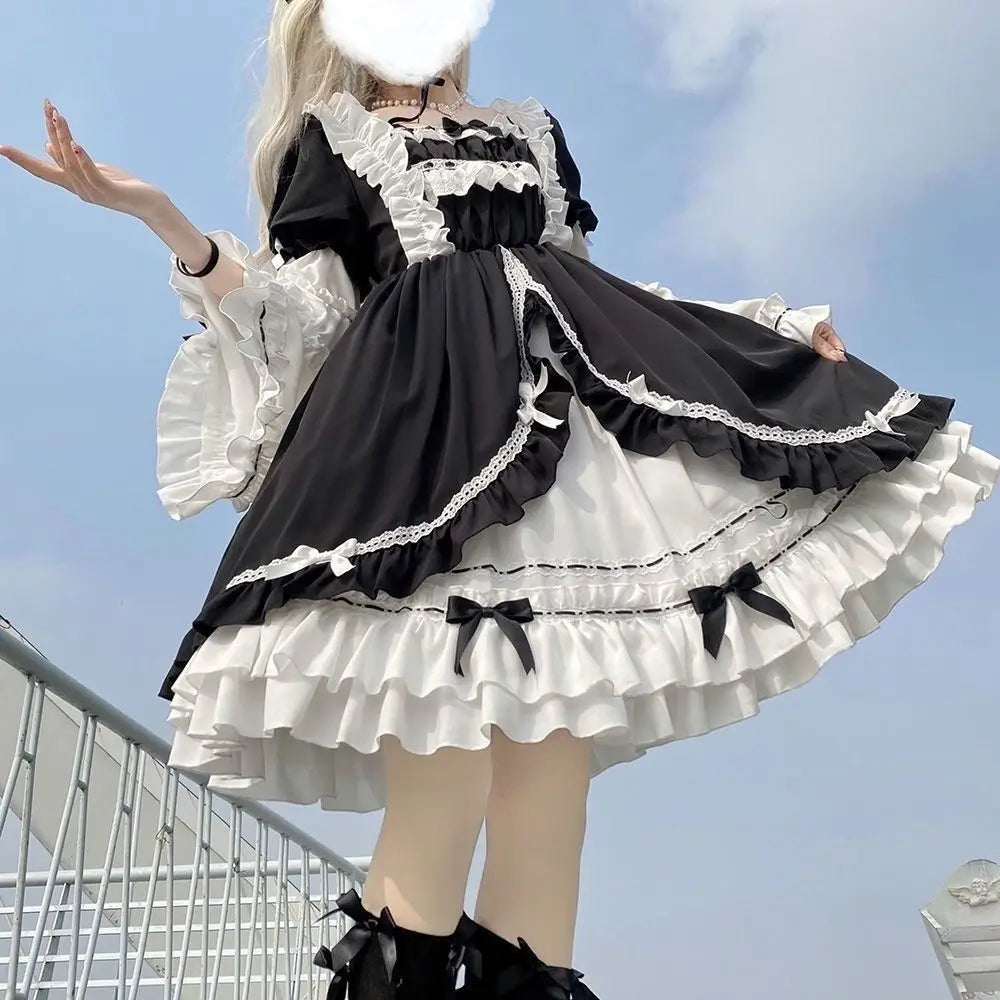 Lolita Dress OP White Night Aurora - Detachable Sleeves Korean Bow Lace Dress, Sweet Gothic Aristocrat Jumper Skirt, Kawaii Cosp