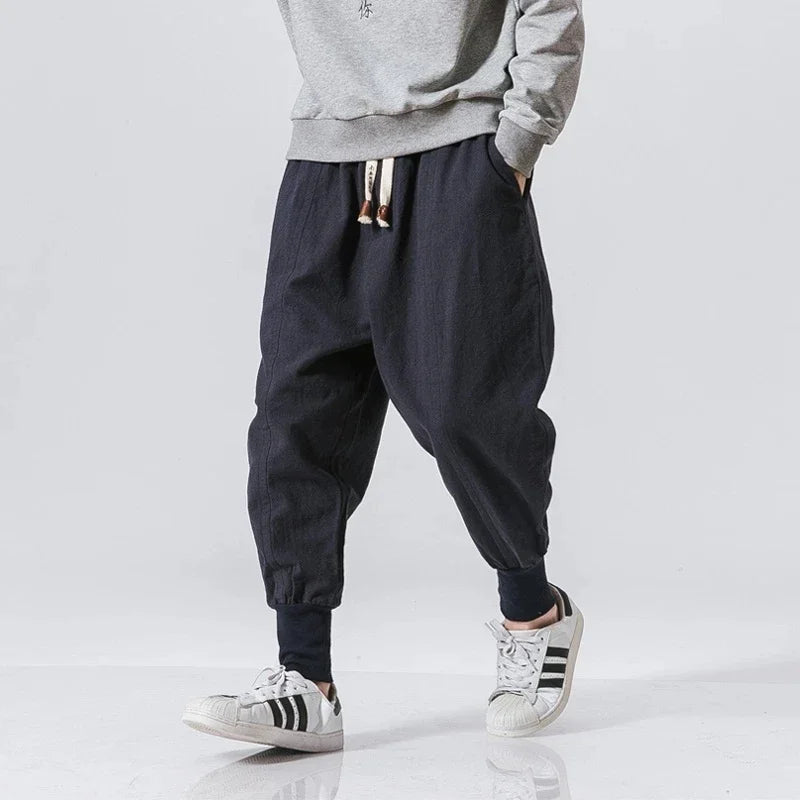 Men's Cotton Linen Drop-Crotch Harem Pants - Baggy Joggers - Casual Streetwear