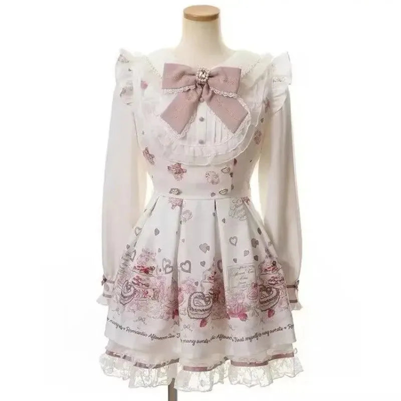 Japanese Fake Two Piece Striped Lolita Long Sleeve Shirts Women Y2k High Waist Striped Cake Skirts Spring Summer New Sets