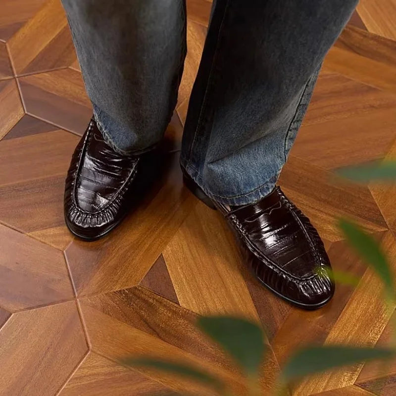 Men's Genuine Leather Loafers - Vintage Pleated Pointed Toe Slip-On Handmade