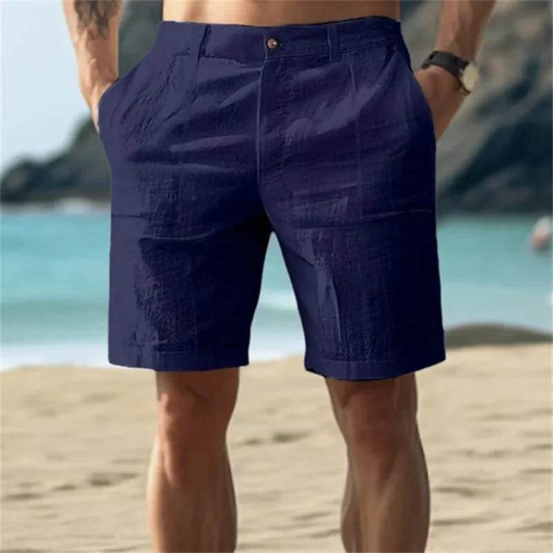 2025 Men's Solid Color Casual Short Pants Linen Beach Breathable Comfortable Straight Short Trousers Hawaiian Holiday Men's Pants