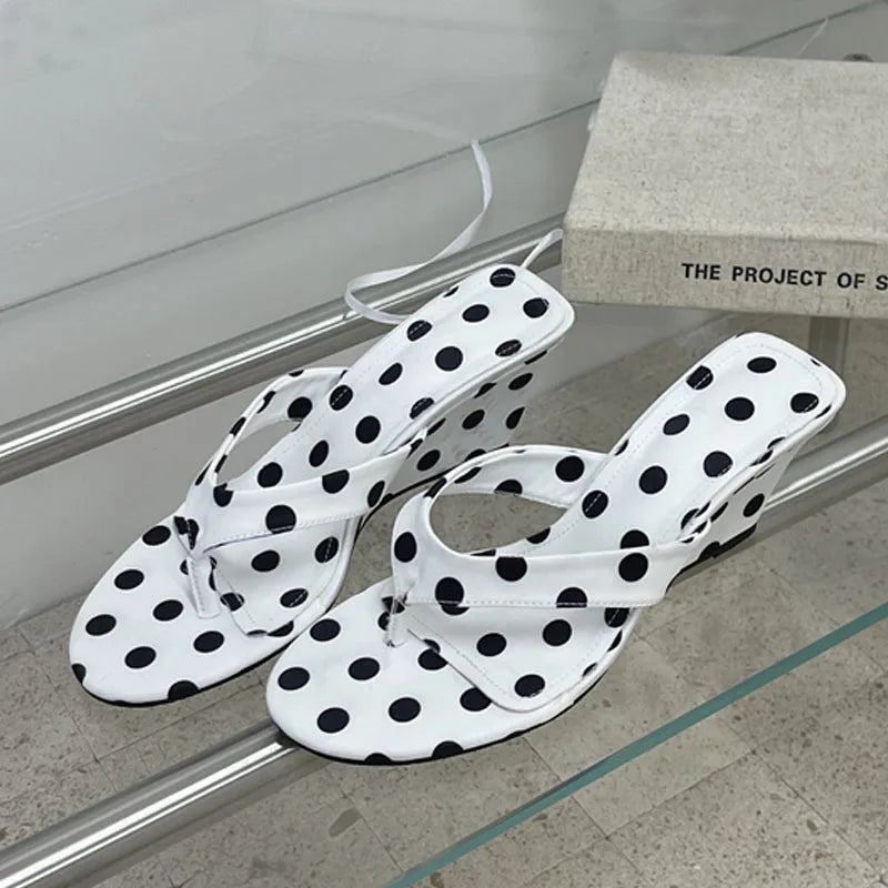 Eilyken Designer Polka Dot Wedges High Heels Women Slippers 2026 Summer Shallow Clip Toe Flip-Flops Ladies Shoes
