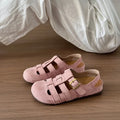 Women's Casual Round Head Flat Shoes Summer New Baotou Cow Suede Metal Buckle Soft Sole Anti-slip Wear-resistant Sandals