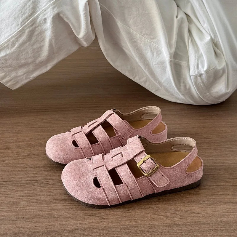 Women's Casual Round Head Flat Shoes Summer New Baotou Cow Suede Metal Buckle Soft Sole Anti-slip Wear-resistant Sandals