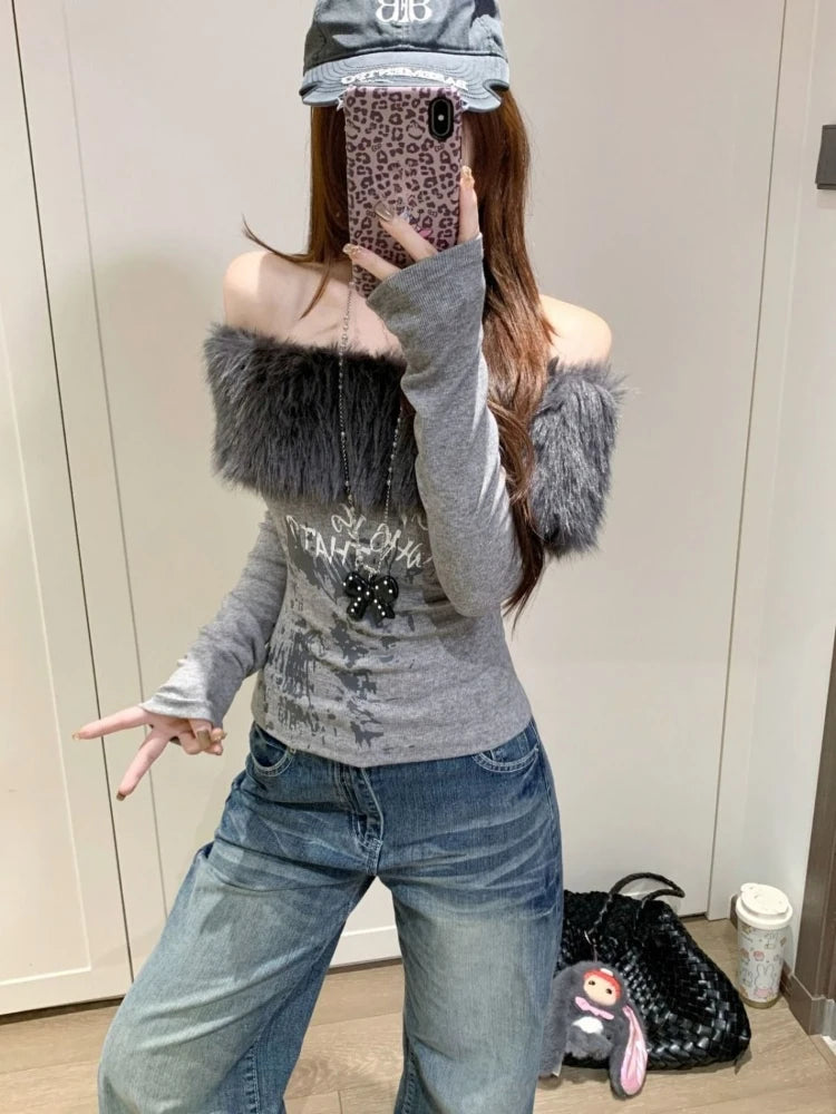 Subculture New Off Shoulder Slim T-Shirts Women Aesthetic Hot Girl Print Fur Collar Tees Female Design Y2k Gothic Base Shirt