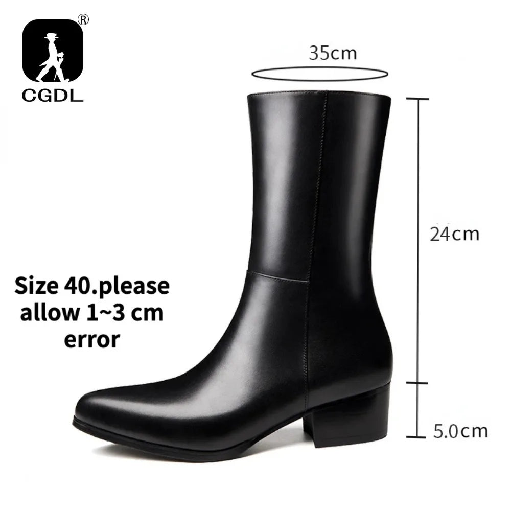 British Luxury Mid-Calf Dress Boots - Genuine Leather Pointed Toe Zip Handmade