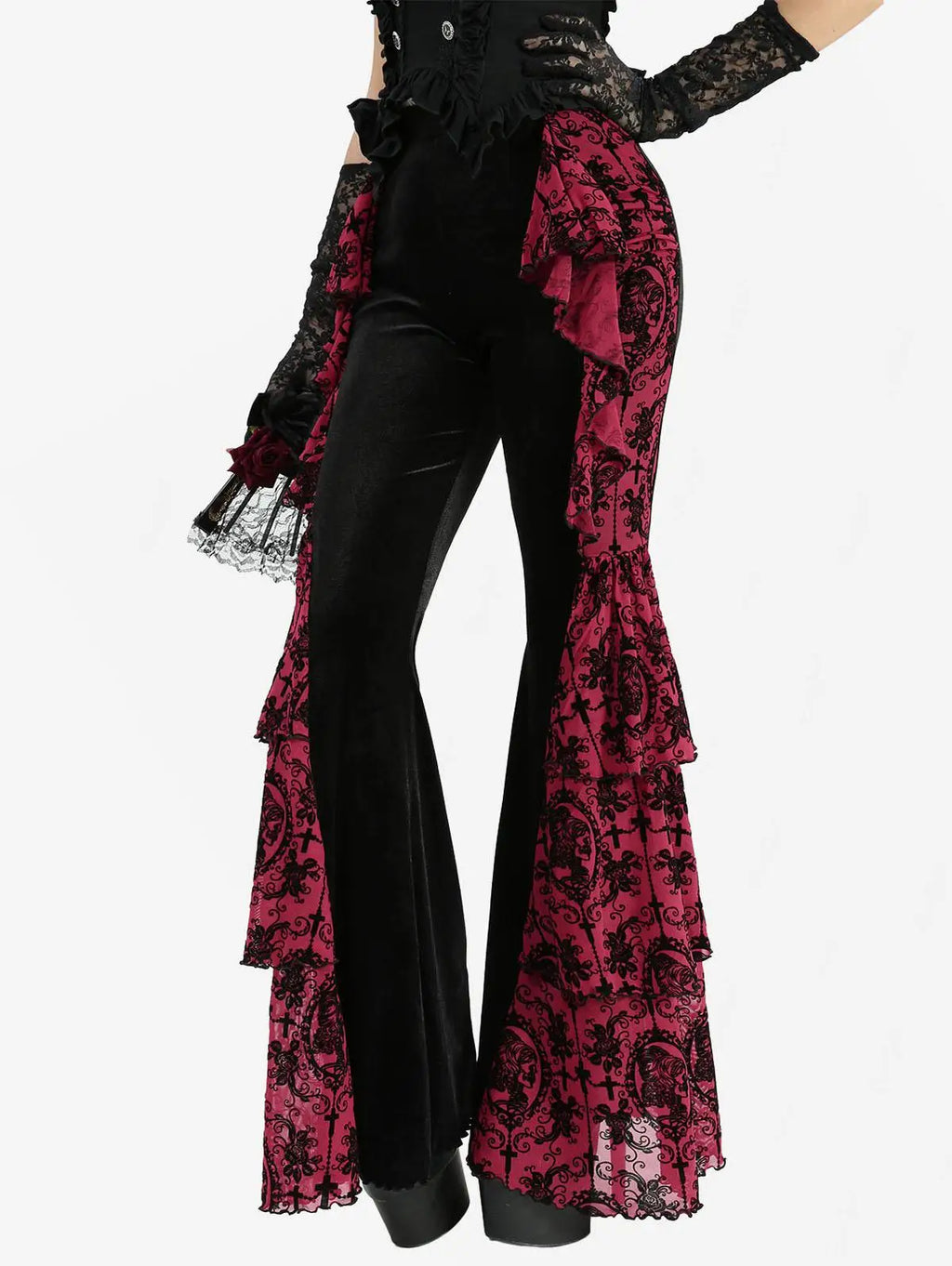 S-3XL Gothic Women Flare Pants Flower Cross Flocking Ruffles Patchwork Velvet Bottoms 2026 New Full Trousers