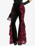 S-3XL Gothic Women Flare Pants Flower Cross Flocking Ruffles Patchwork Velvet Bottoms 2026 New Full Trousers
