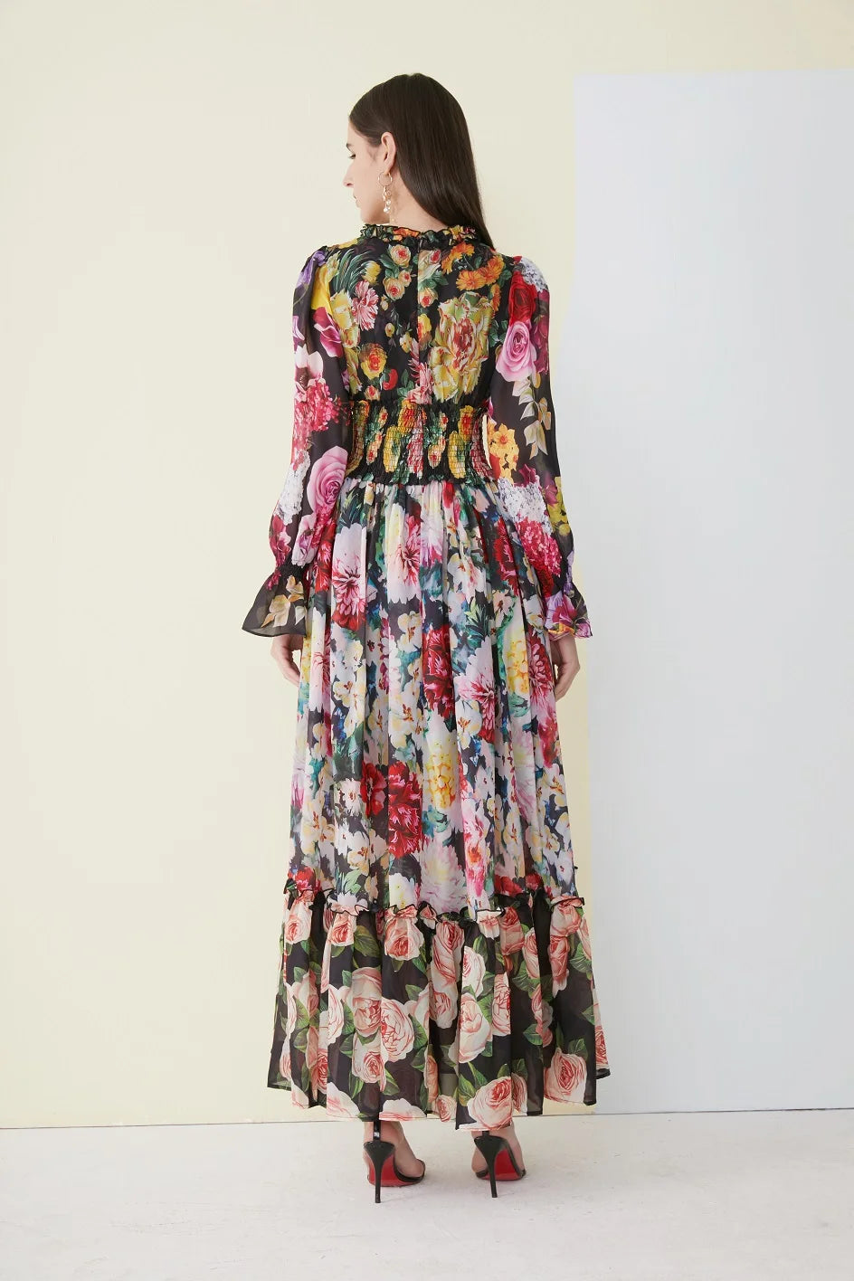 Ladies Elegant Floral Print Long Sleeve Dress Summer Beach Chiffon Ruffled Collar Dress Elegant Elasticity Waist A-Line Sundress