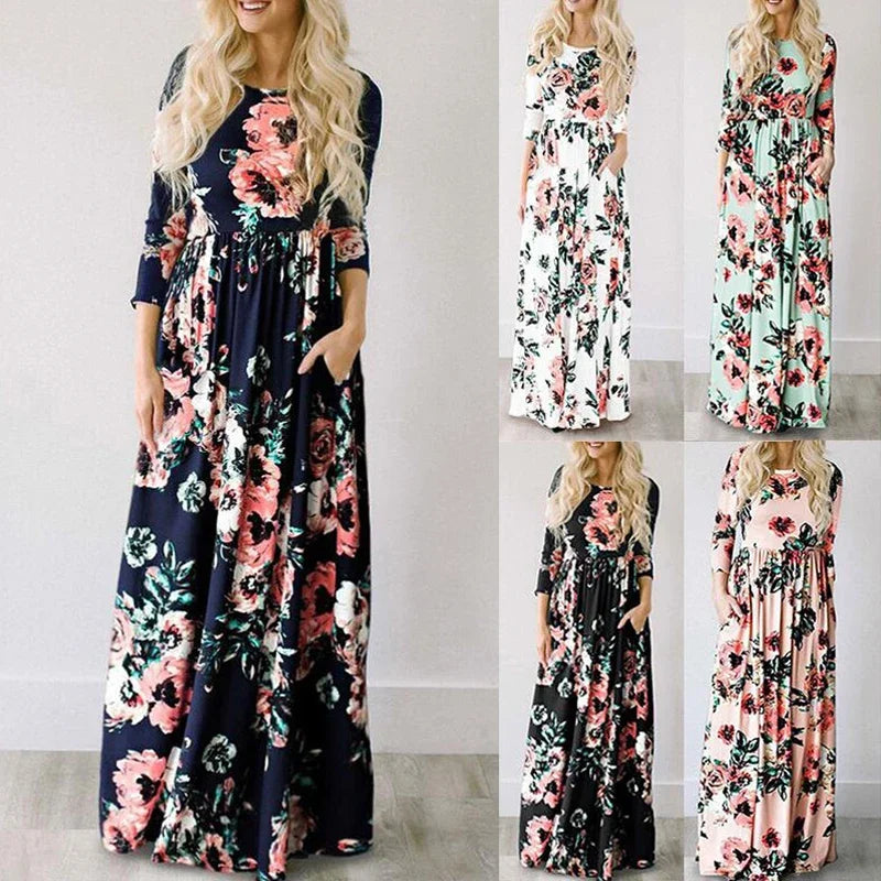 Summer Maxi Dress Women 2025 Pink Floral Print Boho Beach Dress Ladies Evening Party Long Dress Sundress Vestidos De Festa 3XL