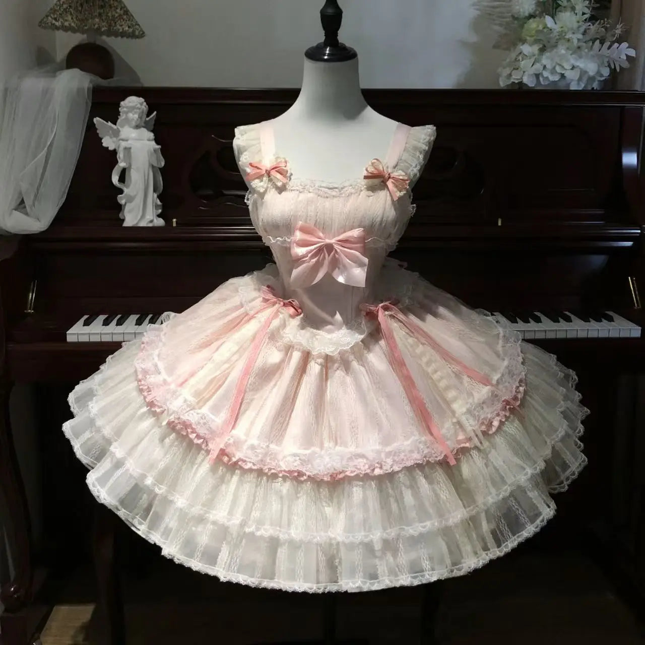 2026 New Sweet Lolita Dress Women Ruffled Lace Halter Neck Cute Dress Bow Princess Party Dress Kawaii Gothic Cosplay Costume
