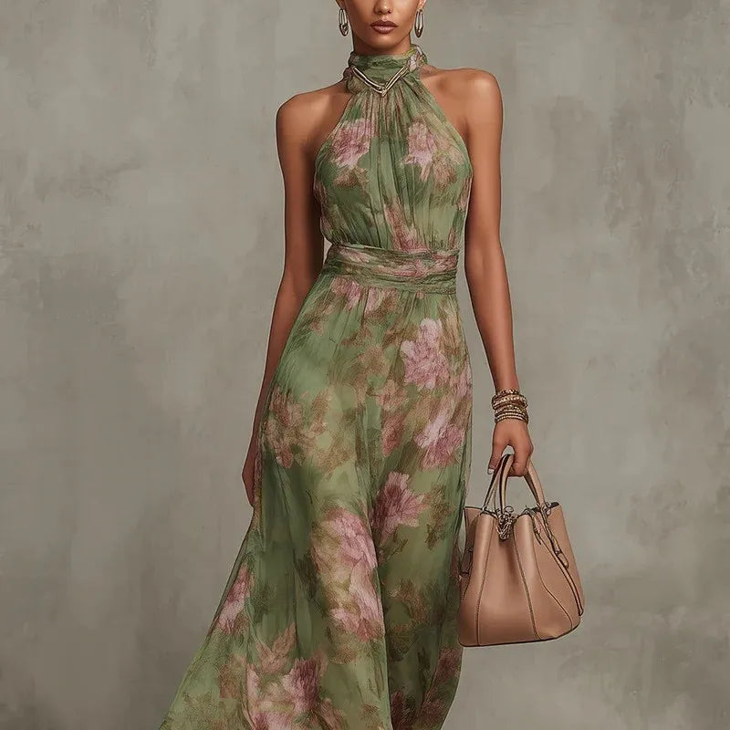 Women's Green Floral Print Halter Maxi Dress Sleeveless High Neck Ruched Waist Chiffon Flowy Evening Party Dress