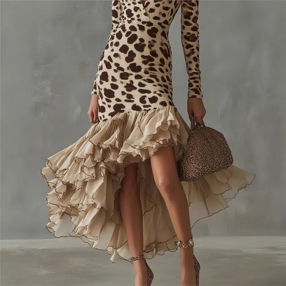 2026 Sexy Deep V Neck Leopard Print Slim Fit Long Sleeve Women's Dresses Autumn Fashion Mesh Splicing Hem Female  Party Dress