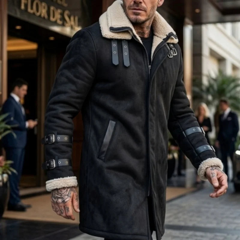 DOUBLE COLLAR FLEECE JACKET - Men's Mid-Length Windproof Winter Coat Zipper Pockets Outdoor Street Style - Black / Gray / Army Green / Khaki
