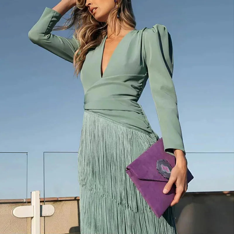 Long Sleeve Spliced Tassel Party Dresses Woman Elegant Deep V Neck Sheath Long Dress Fashion Solid Pleated Bohemian Dress