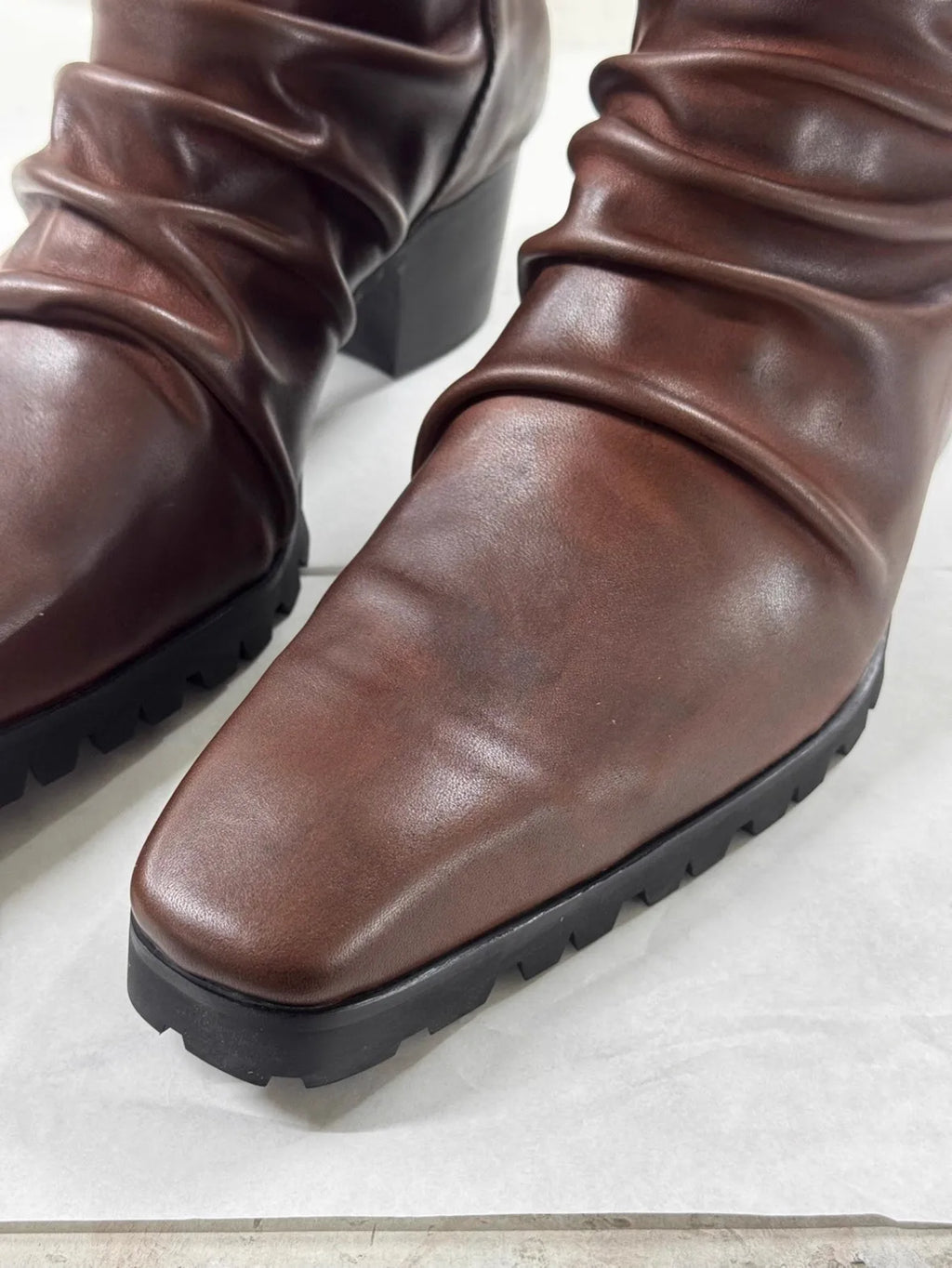 Pleated Cow Leather Chelsea Boots - Pointed Toe Zip Wedge Heel Yuppie Style