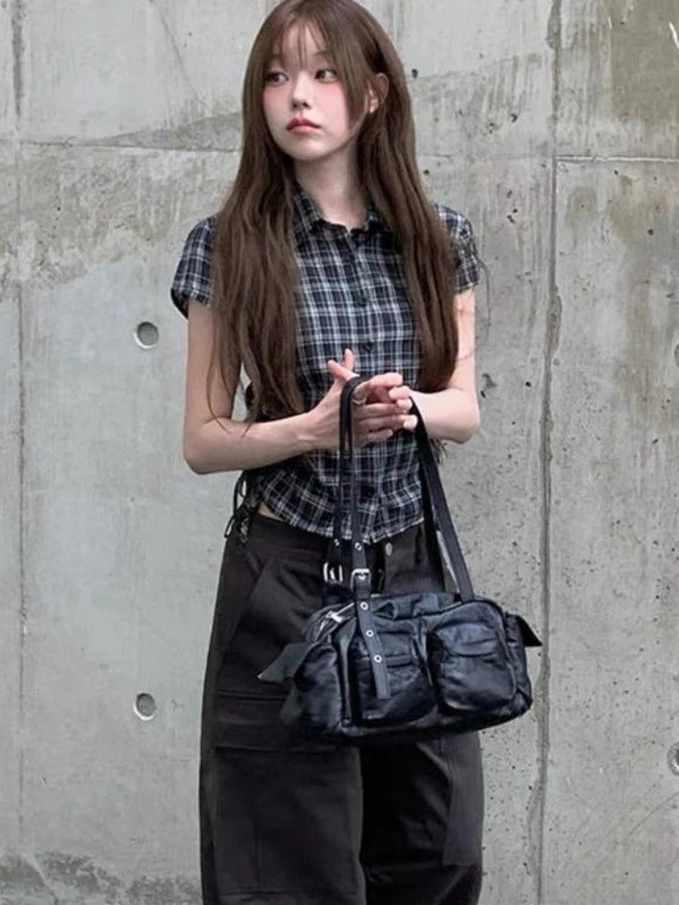 Vintage Classic Plaid Short Sleeve Collared Button Shirt Women Y2k Fashion Cinch Waist Tops Streetwear Casual Retro T-Shirts New