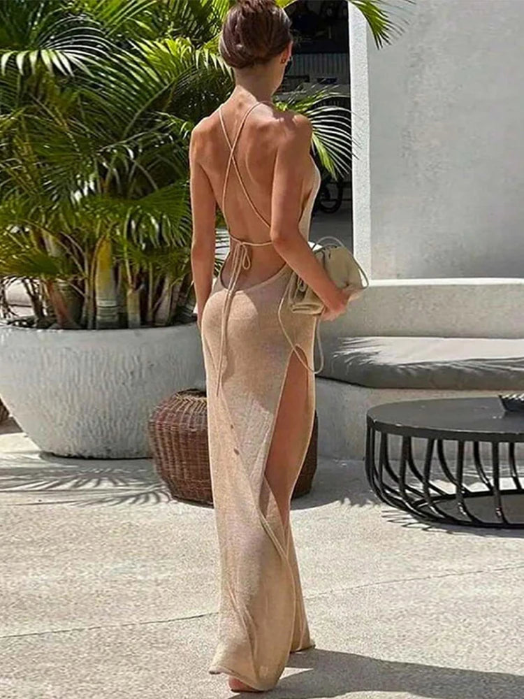 Women Backless Knitted Cover-up Maxi Dress Sexy Sheer Lace Up High Slit Bodycon Long Dress Summer Female Beach Vacation Sundress
