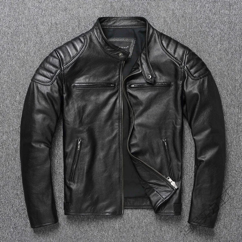 IRON ROAD - Men's Faux Leather Motorcycle Jacket - Retro Stand Collar Slim Windproof Coat