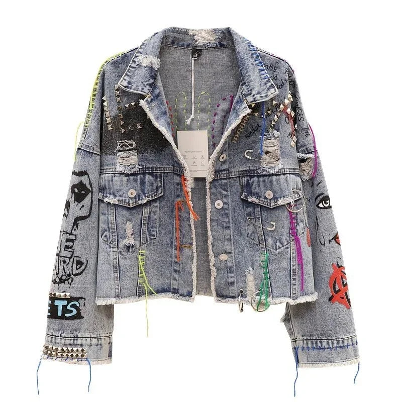 Fringe Frayed Denim Jacket - Rivet Detail