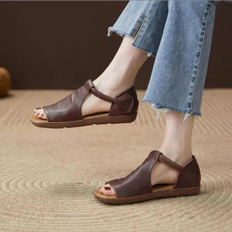 Women's Hook & Loop Flat Sandals Summer - Open-Toe Casual Beach Shoes, Comfortable Soft Sole Walking Sandals for Daily & Vacation