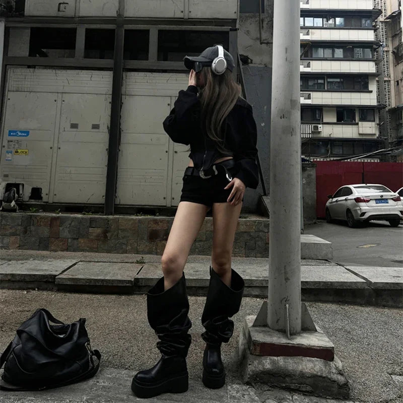 Pleated Slip-On Knee-High Boots – Square Heel
