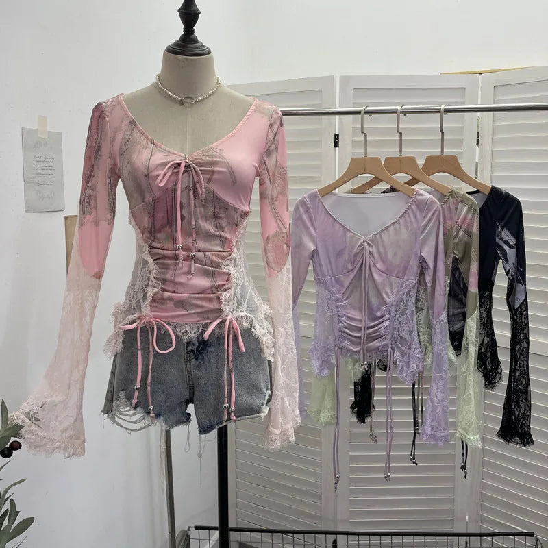 ISAROSE Vintage Stretch Tees for Women V Neck Side See-through Lace Patchwork Flare Sleeves Slim Ruched T-shirt Short Tops