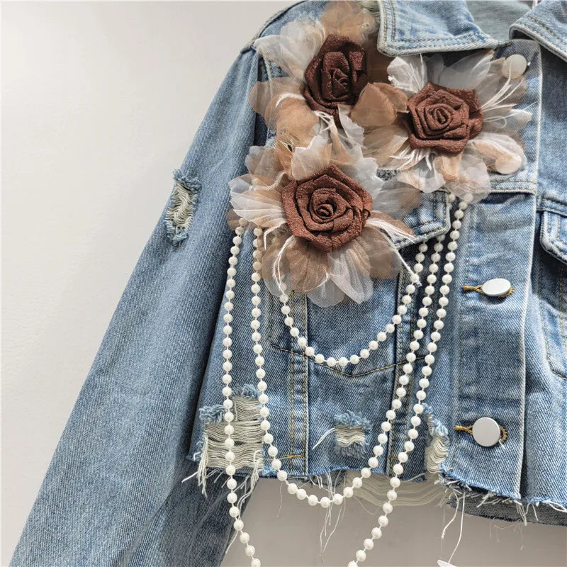 3D Flower Pearl Chain Denim Jacket – Trendy Lapel Long Sleeve