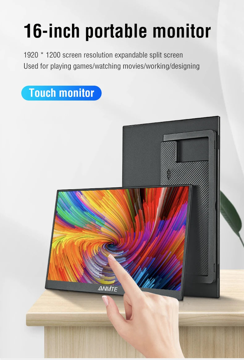 Anmite 16-Inch Portable Touch Monitor Non-touch optional 1200P HDR 16:10 For XBox PS4 / 5 Switch Cell Phone PC Laptop Extension