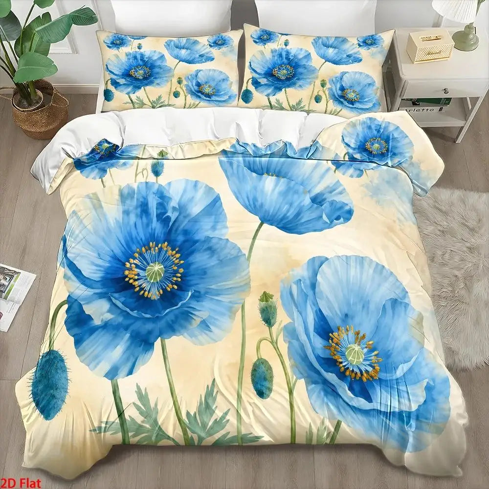 BLUE POPPY - Nordic Floral Duvet Cover Set - Modern, Breathable & Skin-Friendly