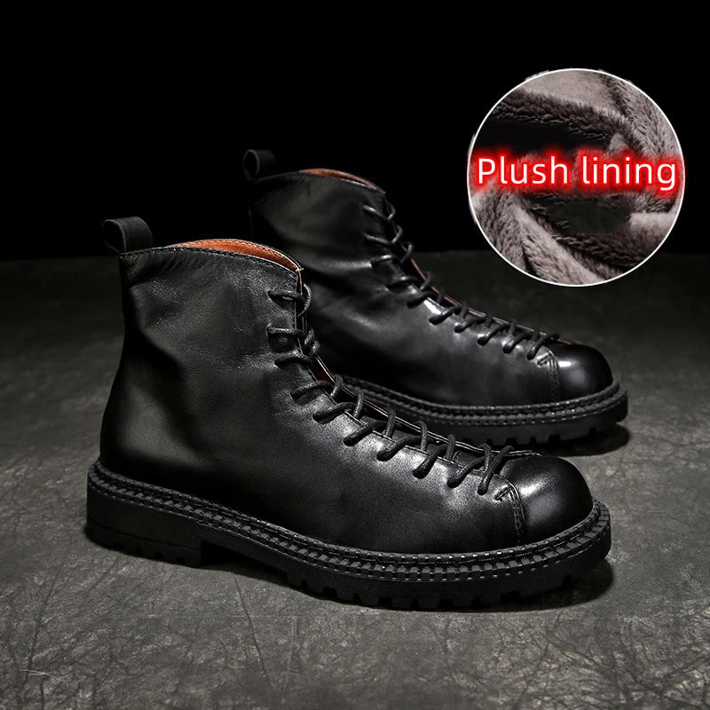 Men's Handmade Genuine Leather Motorcycle Boots - British Vintage High Top Lace-Up Winter