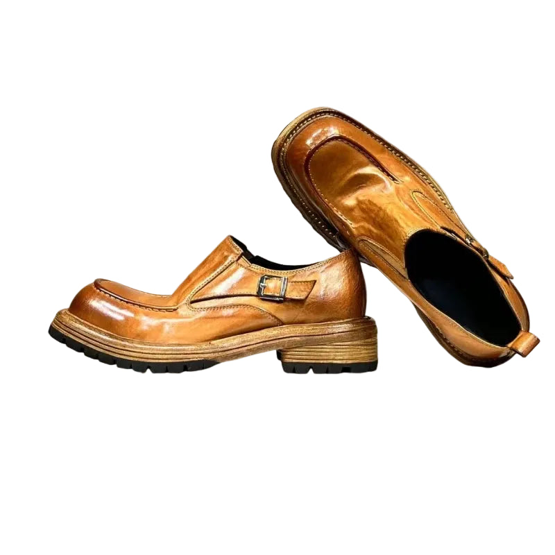 Men's Glazed Leather Monk Strap Loafers - Square Toe Slip-On Dress Shoes