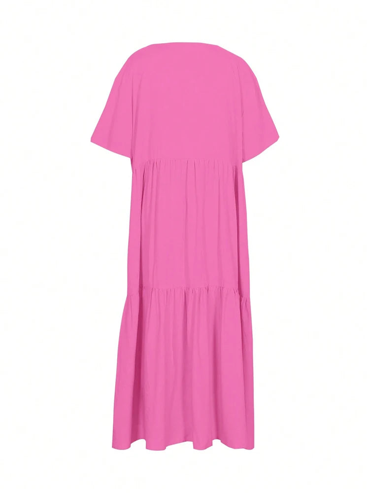 Plus Size 2025 Summer New V-neck Short Sleeve Pleated Solid Color Loose Casual Midi Dress Basic Hem Pleated