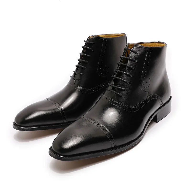 Men's Genuine Leather Oxford Ankle Boots - Brogue Cap Toe Lace-Up Dress Boots