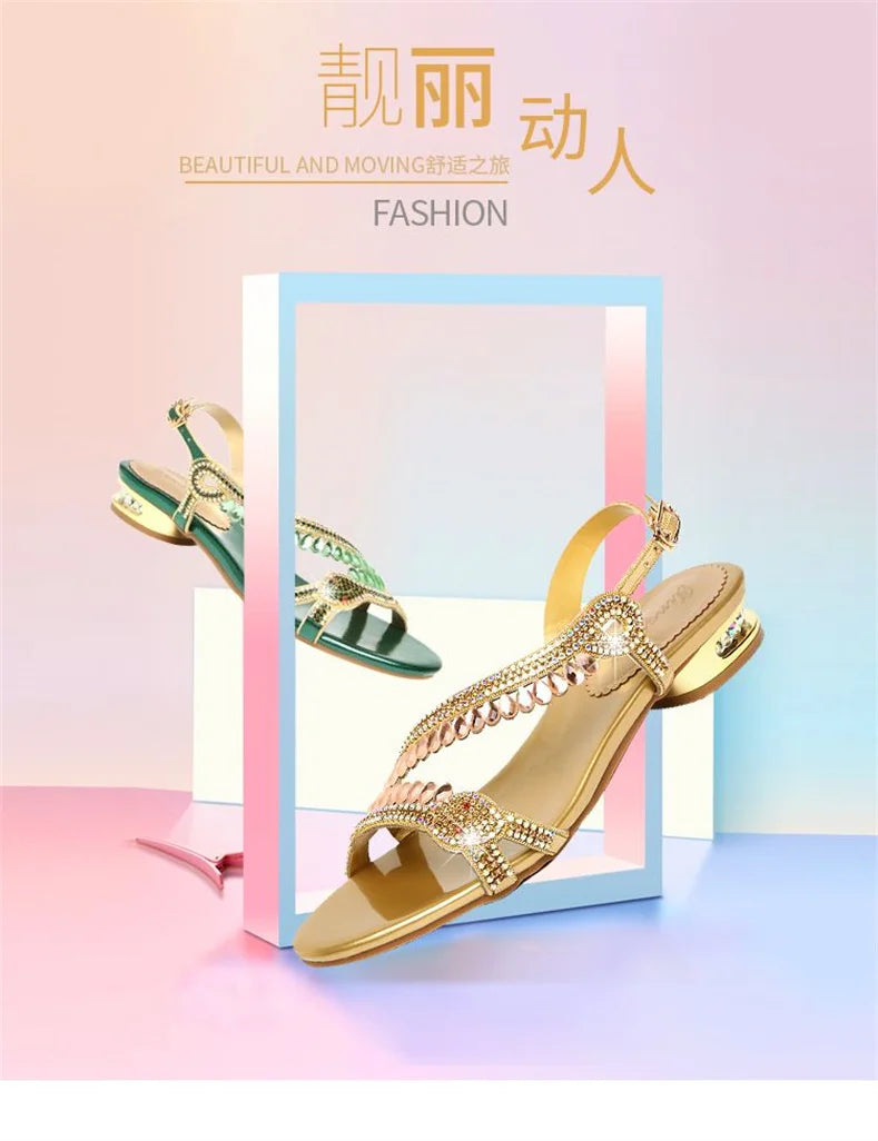 High-grade Rhinestones Fashion New Women's Summer Young Elegant Sandals Thick Heel Leisure Flat Bottomed Beach Sandals
