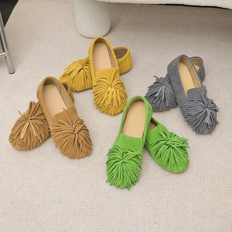 AIYUQI Women's Flat Shoes Genuine Leather 2026 New Tassel Women's Loafers Large Size Ballet Mary Jane Shoes For Women
