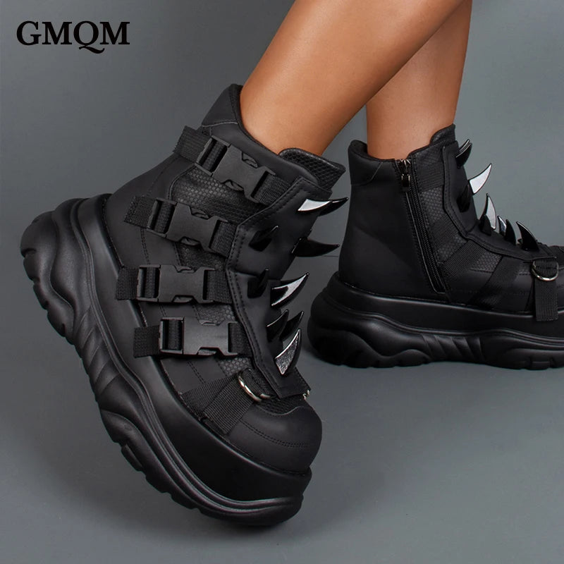 Y2K Gothic Patent Ankle Boots – Metal Decor Platform