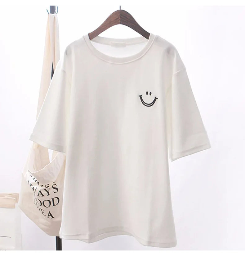 1pcs Girl Summer Smile Print T-shirts Women Classic Basic Fashion Tees Students Short Sleeve Loose Tops Female Round Neck Tshirt