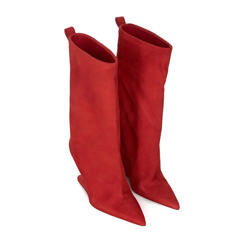 European andAmerican niche newstyle irregular sloping heel pointed sleeve legboots for women's temperament versatile knightboots