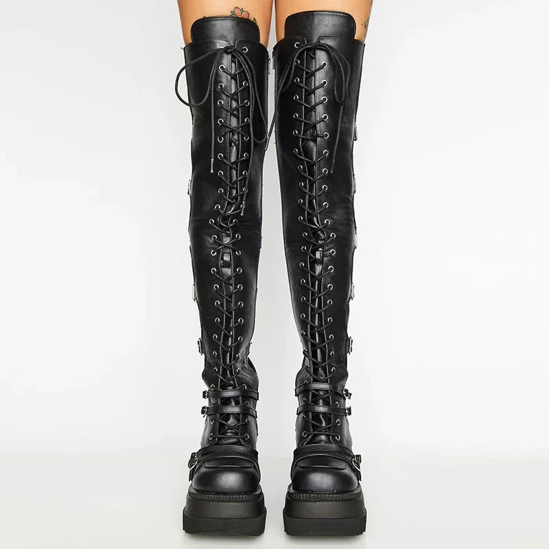 Punk Over-Knee Platform Boots – Belt Buckle Goth