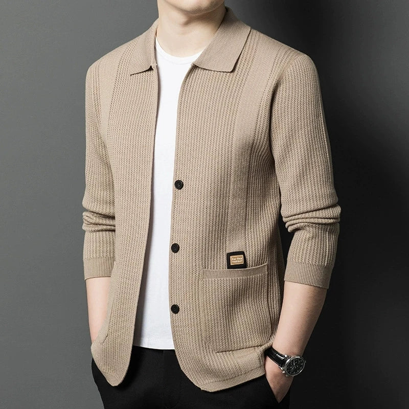 Men's Knitted Cardigan - Solid Color Lapel - Business Casual Done Right