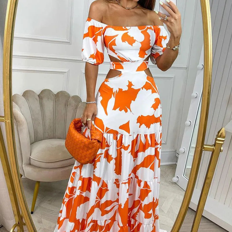 Floral Cut-Out Maxi Dress – Off-Shoulder
