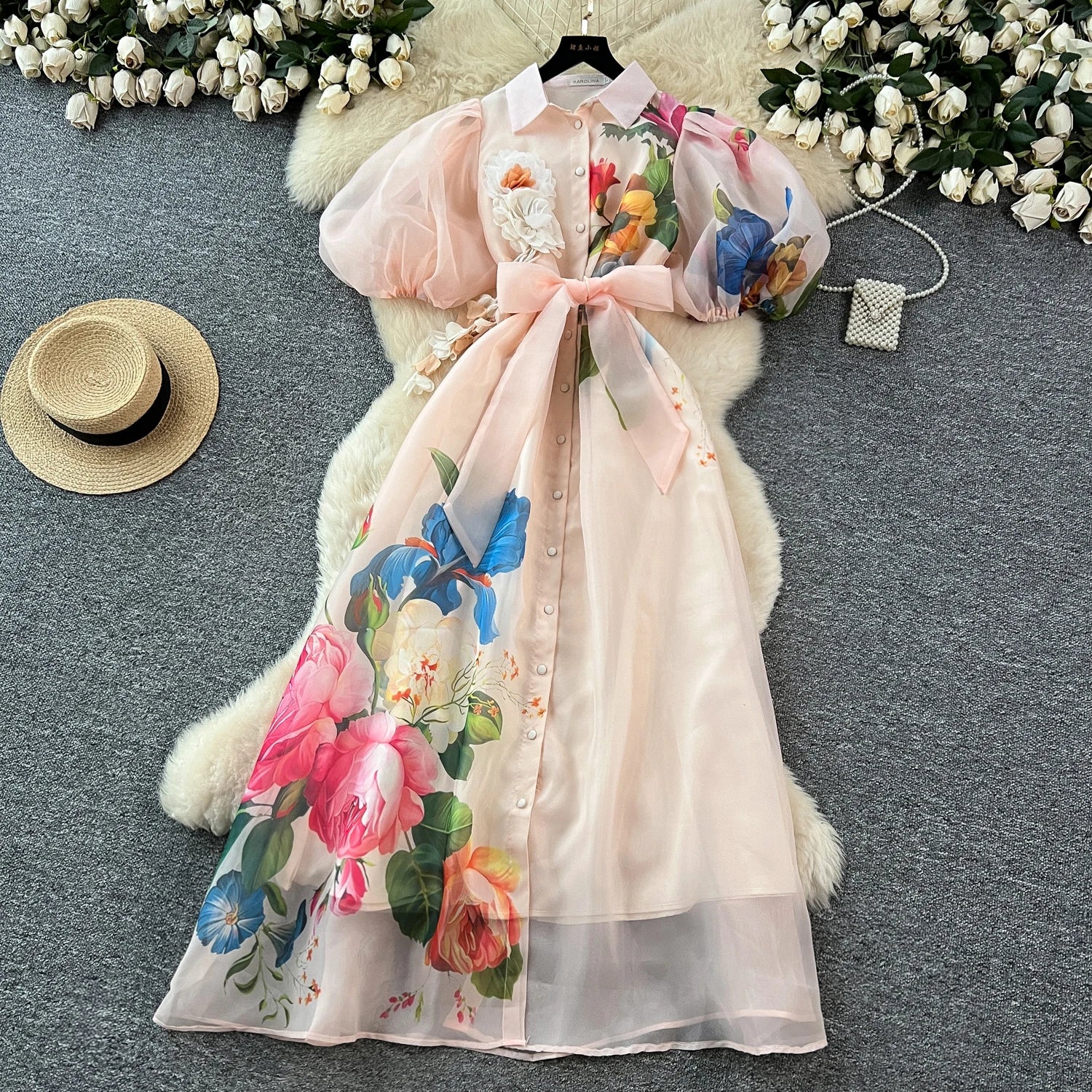 Chic Vintage Sexy Print Mesh Lace-up Button Fairy Summer Women Boho Sundress Women Clothing Long Dress