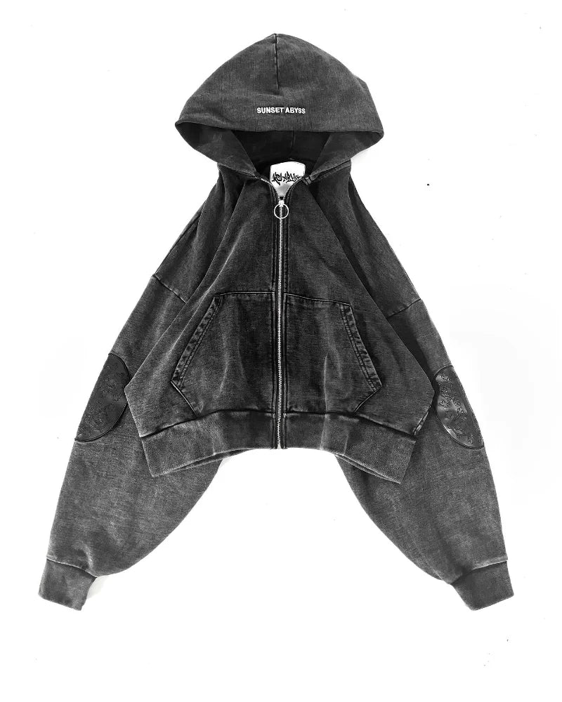 Gothic washed embroidered men's retro hip-hop Y2K zip-up hoodie, fashionable street style, pure cotton, oversized couple's sportswear