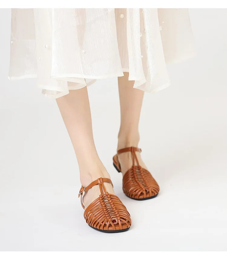 Band Flat Sandals Women Summer Round Toe Ankle Buckle Hollow Roman Sandal Plus Size Beach Shoe