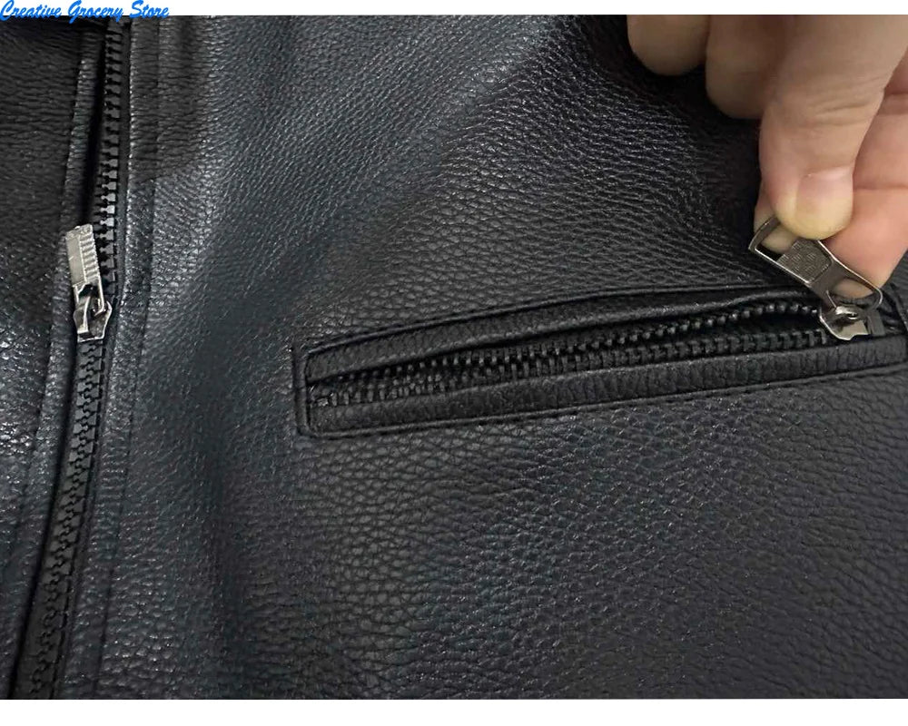 IRON HIDE - Men's Cowhide Leather Biker Jacket - Stand Collar, 4 Colors, M-XXXL