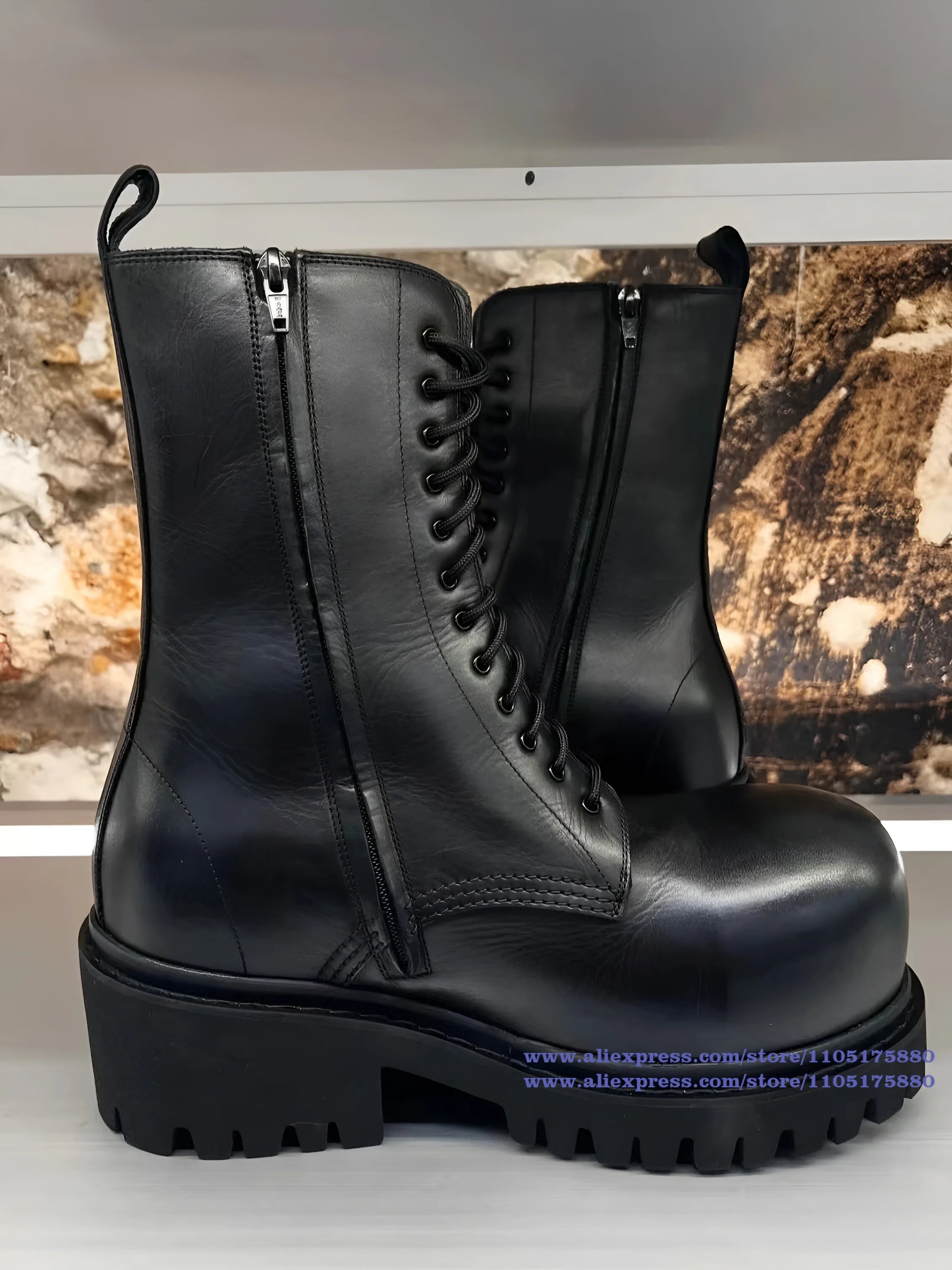 IRONSIDE - Men's Motorcycle Boots - Lace-Up & Side Zipper, Thick Sole, High Top